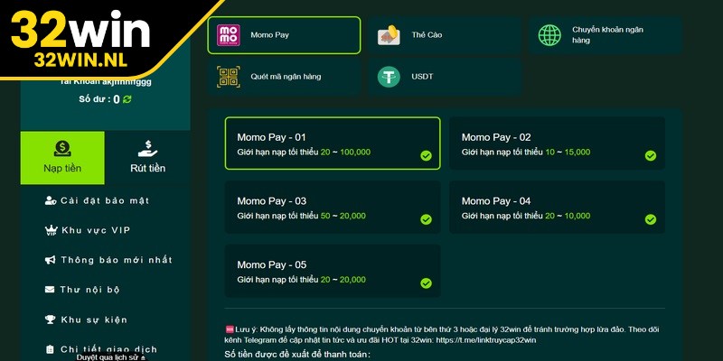 Các phương thức nạp tiền 32Win phong phú, đa dạng